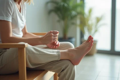 Femme d'âge mûr examinant la plante de son pied nu à la recherche d'une épine ou d'un éperon plantaire dans une salle d'attente médicale