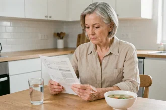 Femme de 50 ans consultant une feuille de préparation médicale pour coloscopie à table avec bouillon clair et verre d'eau