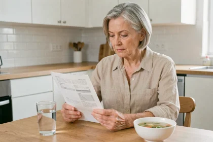 Femme de 50 ans consultant une feuille de préparation médicale pour coloscopie à table avec bouillon clair et verre d'eau