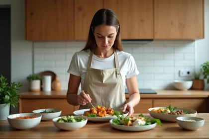 Femme préparant un repas familial équilibré avec des accompagnements séparés selon la méthode API dans une cuisine en bois chaleureuse