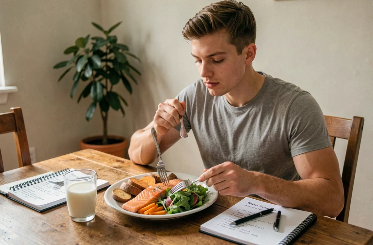 Jeune homme musclé mangeant un repas prise de masse équilibré avec saumon, patate douce et carnet de nutrition