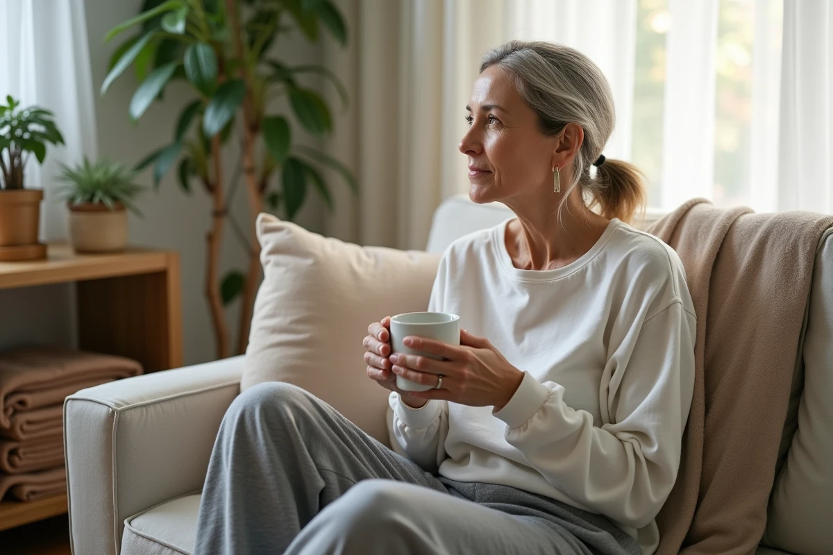 Femme en repos post-opératoire à domicile après une intervention gynécologique, tenant une tasse de thé dans un salon confortable