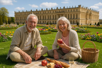 Retraites souriants profitant d'un pique-nique au Château de Versailles