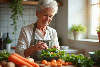 Femme senior préparant une salade colorée dans une cuisine lumineuse