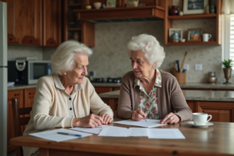 Femme âgée avec aidant regardant des formulaires à la maison