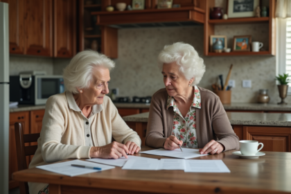 Femme âgée avec aidant regardant des formulaires à la maison