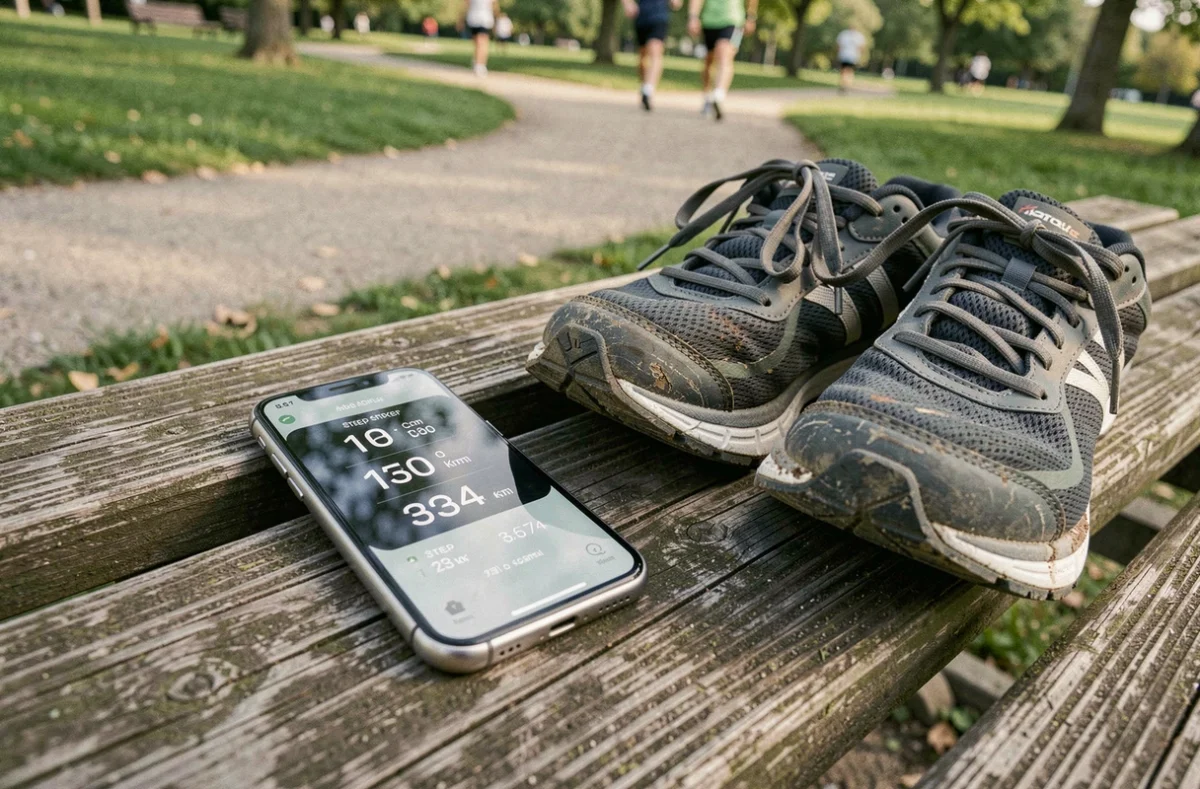 Smartphone affichant une application de conversion de pas en kilomètres posé sur un banc de parc à côté de chaussures de running