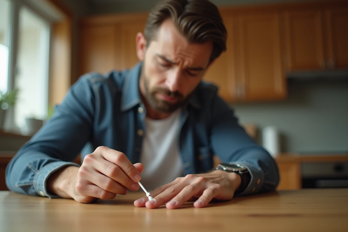Homme appliquant un soin antiseptique sur un ongle abîmé en cicatrisation à la maison dans une cuisine
