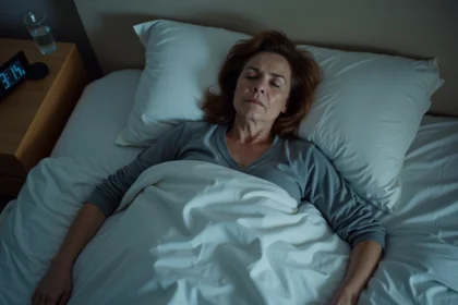 Femme de 45 ans allongée dans un lit défait, les yeux mi-ouverts, exprimant une nuit agitée après une anesthésie générale