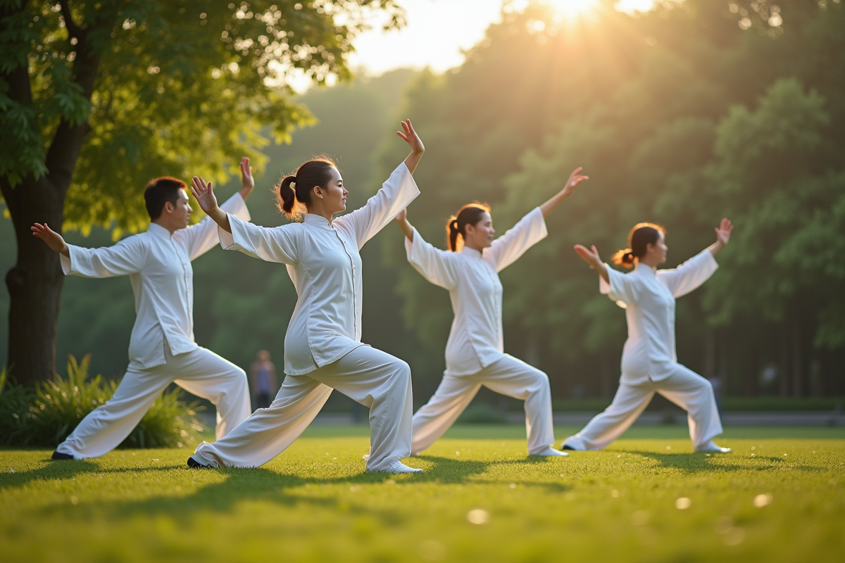 Groupe de personnes pratiquant le tai chi dans un parc paisible