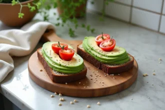 Tartines de pain de seigle garnies d'avocat et tomates cerises sur planche en bois rustique, style cuisine scandinave