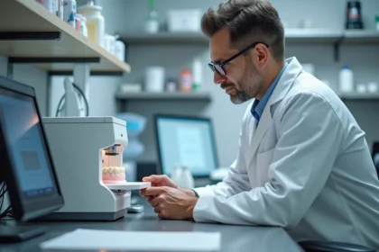 Technicien dentaire utilisant une imprimante 3D dans un laboratoire propre