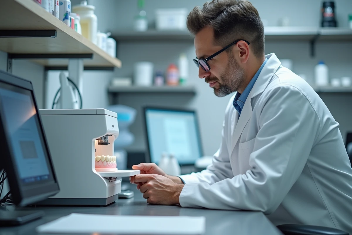 Technicien dentaire utilisant une imprimante 3D dans un laboratoire propre