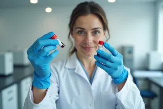 Technicienne de laboratoire médical examinant un tube de sang pour analyser un taux élevé de leucocytes