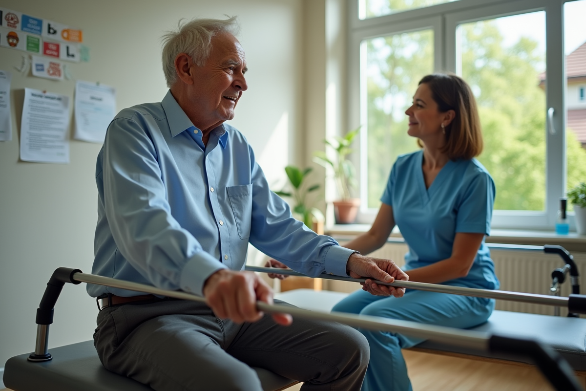 Homme agee en therapie physique avec une therapiste dans une clinique