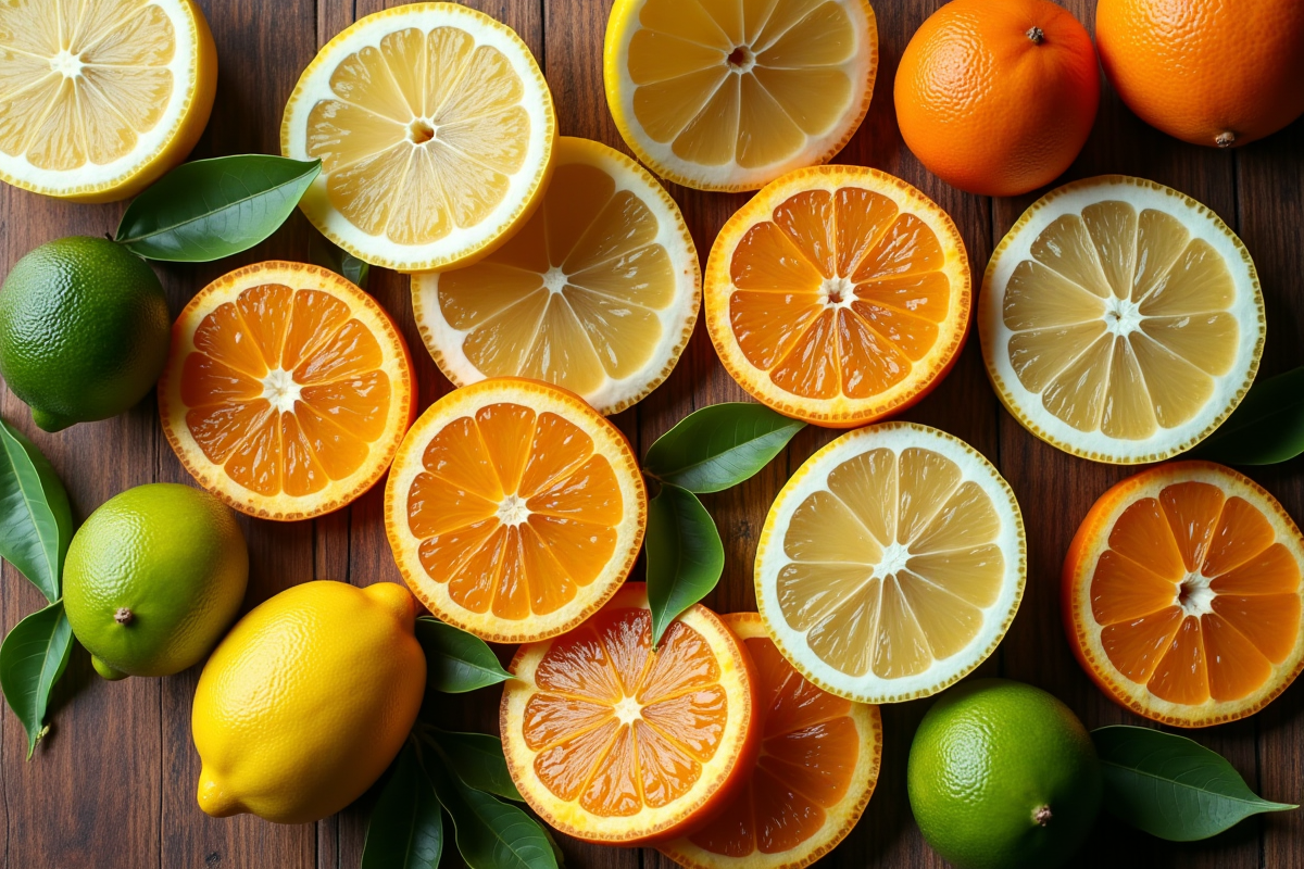 Tranches de citrus frais sur une table en bois rustique