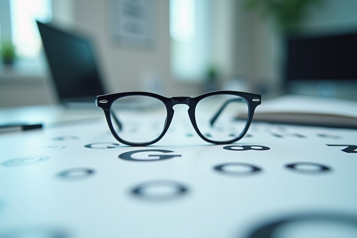 Lunettes modernes posées sur un tableau de test visuel en cabinet d