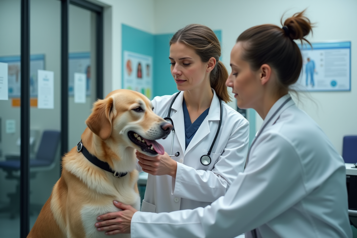 Vétérinaire examinant un grand chien en clinique