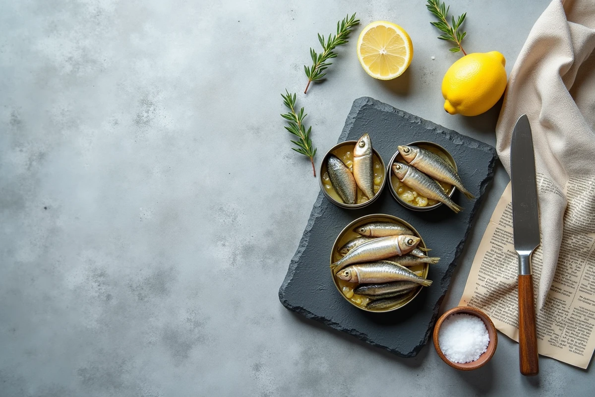 Vue aérienne de plusieurs boîtes de sardines de marques différentes sur ardoise avec citron et herbes fraîches