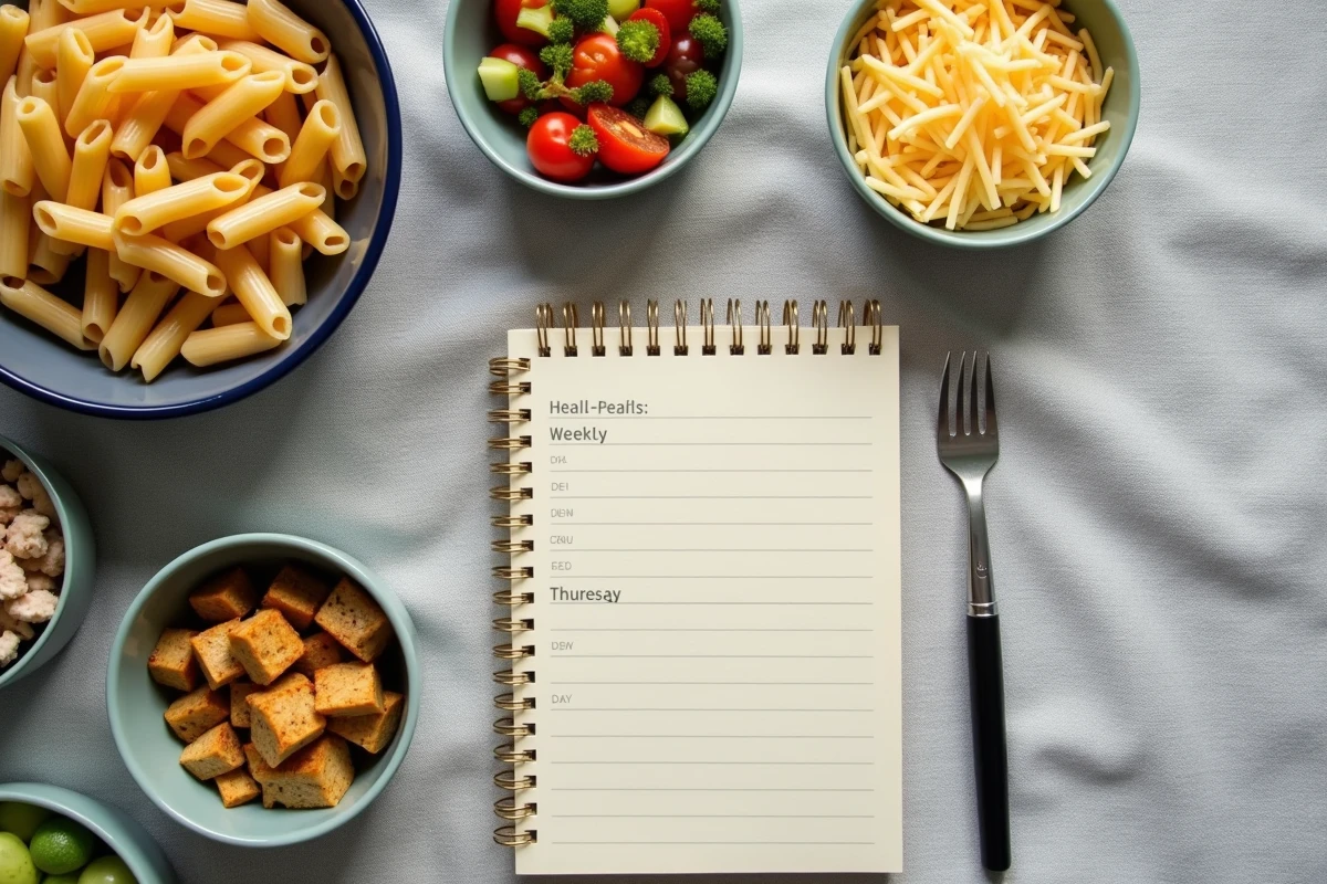 Vue aérienne d'un repas familial flexible avec options personnalisables et planification de menu régime sur tableau de papier